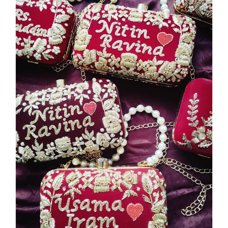 Luxury Custom Name Clutch | Bridal Hand Bag with Pearl Handle