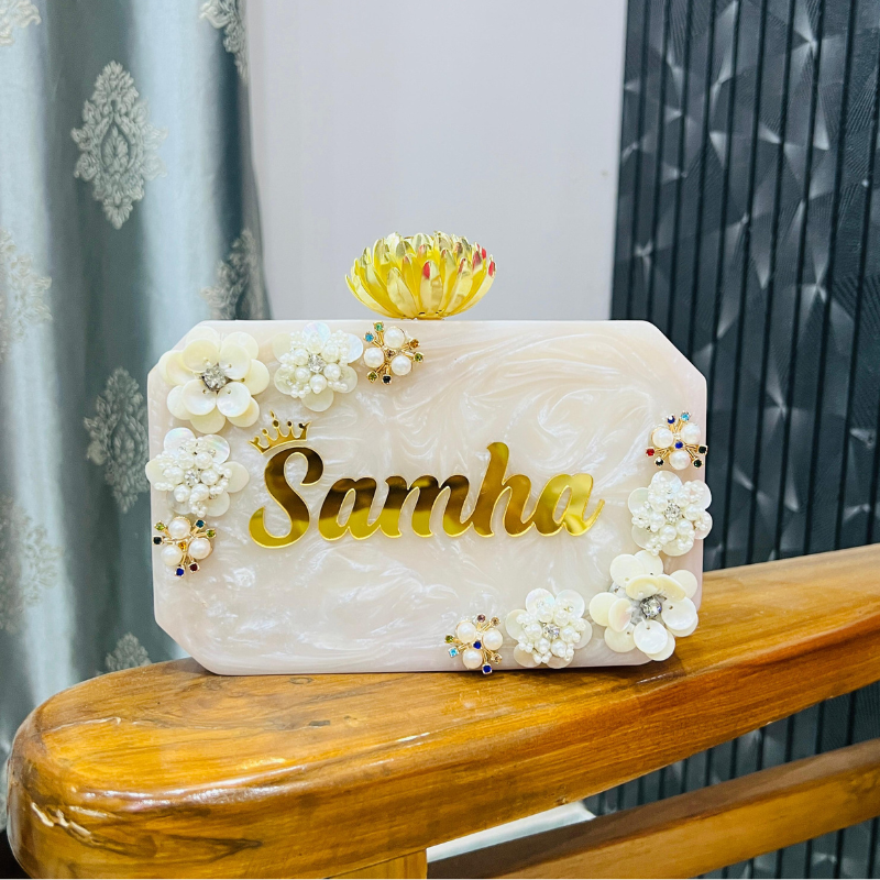 Luxury Resin Name Clutch | Floral Bridal Box Purse