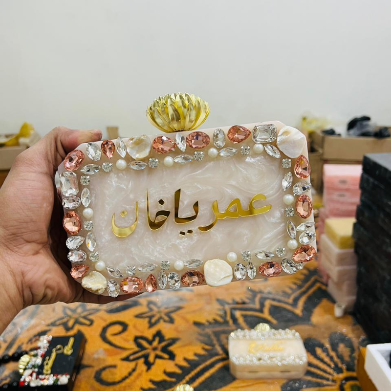 Elegant Personalised Resin Clutch | Custom Name Bridal Purse