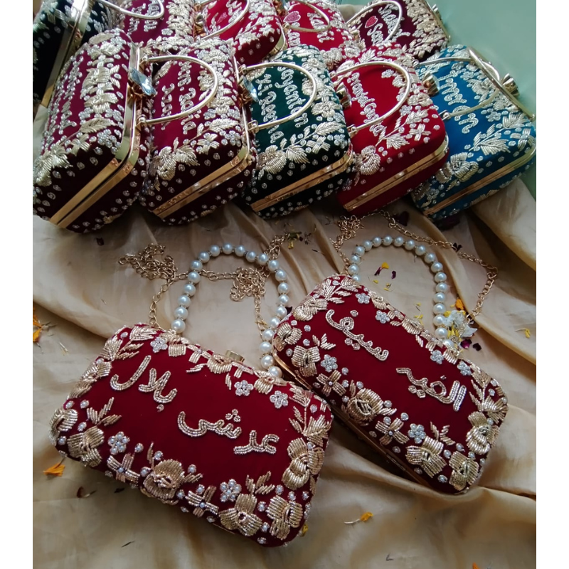 Luxury Custom Name Clutch | Bridal Hand Bag with Pearl Handle