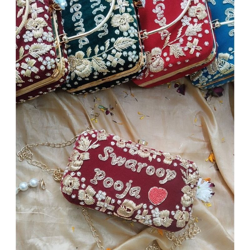 Luxury Custom Name Clutch | Bridal Hand Bag with Pearl Handle