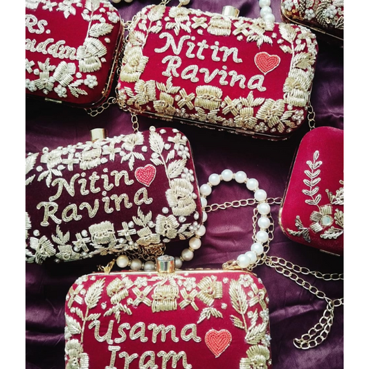 Luxury Custom Name Clutch | Bridal Hand Bag with Pearl Handle