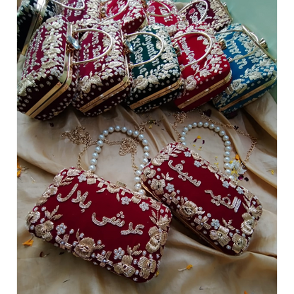 Luxury Custom Name Clutch | Bridal Hand Bag with Pearl Handle