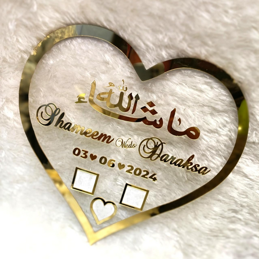 Personalised Nikah Heart Thumb Board | Gold Acrylic Finish